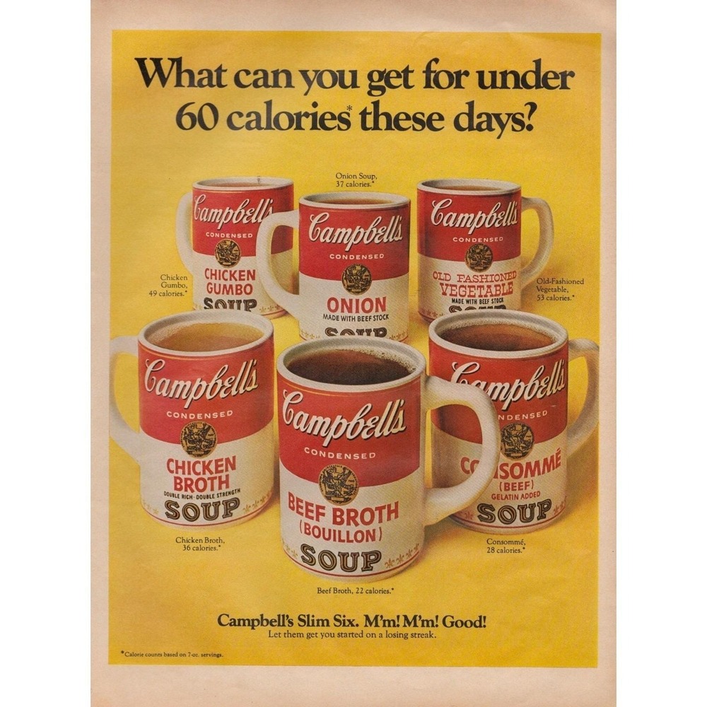 1969 Campbell's Soup Vintage Print Ad Slim Six Under 60 Calorie Count Soups